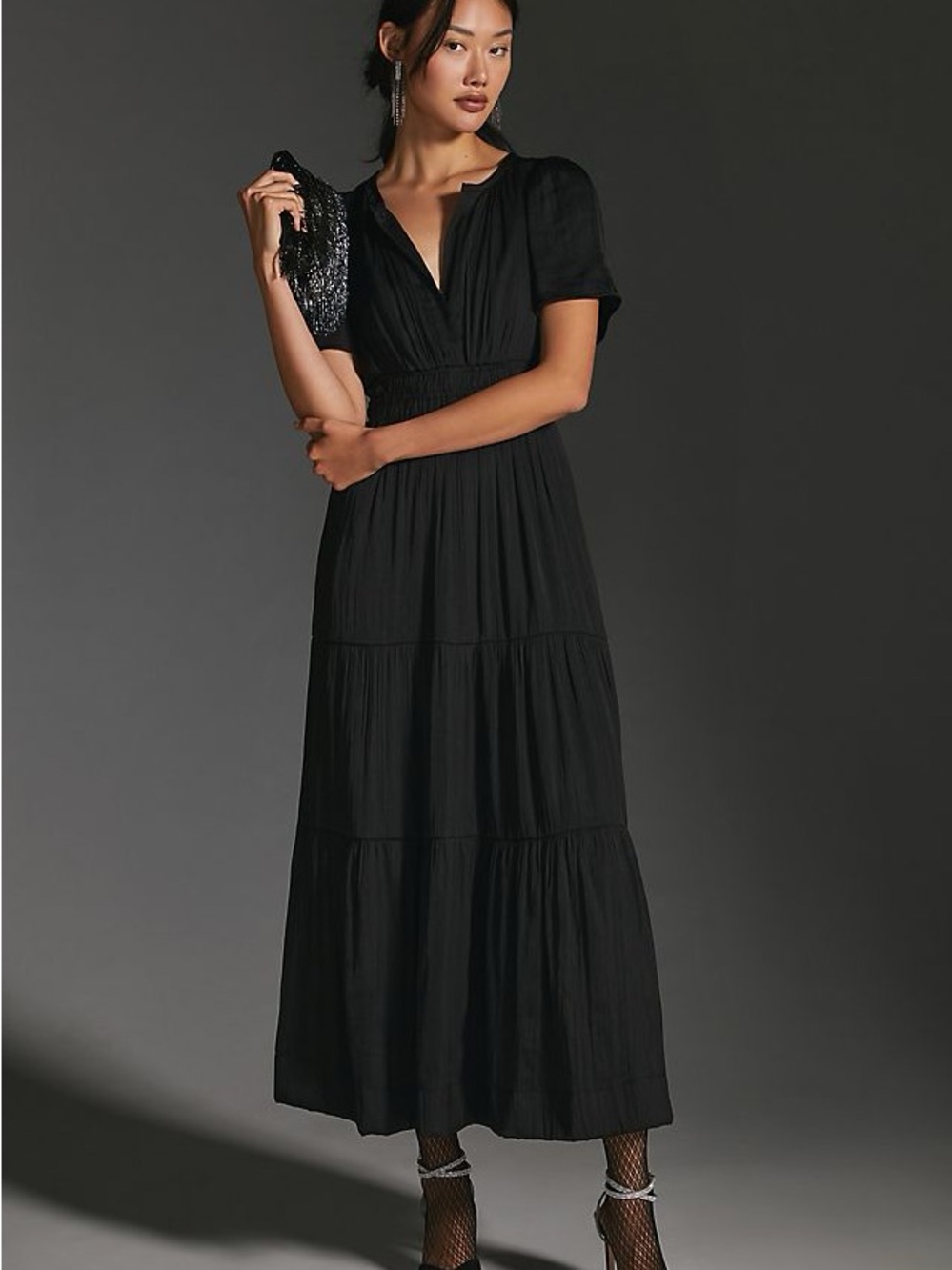 Anthropologie Black Tiered V‑Neck Somerset Maxi Dress